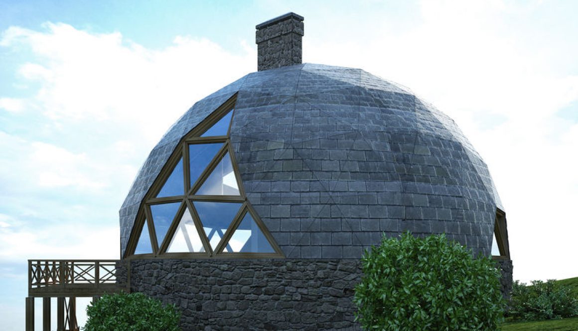 A geodesic dome against a cloudy blue sky.