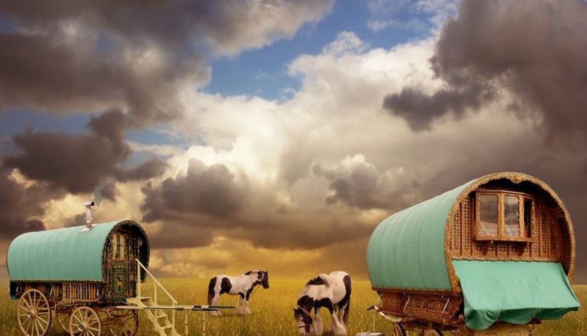 Old gypsy caravans, and wagons with horses