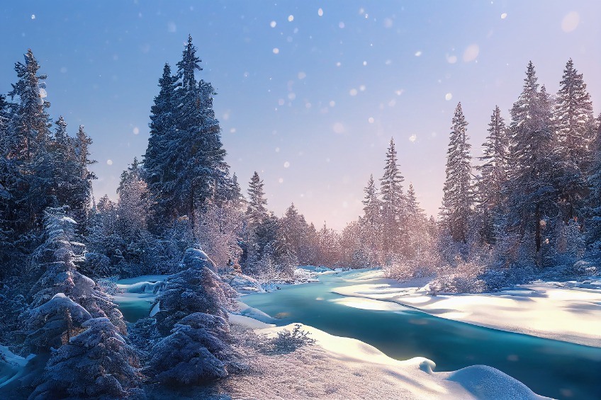 A winter wonderland view of a river.