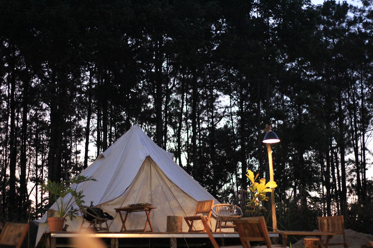 A bell tent sitting in the middle of a forest.