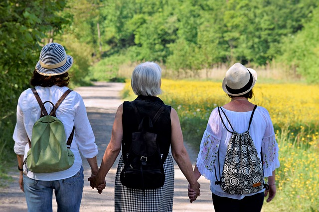 A backview of 3 women holding hands walking down a path.