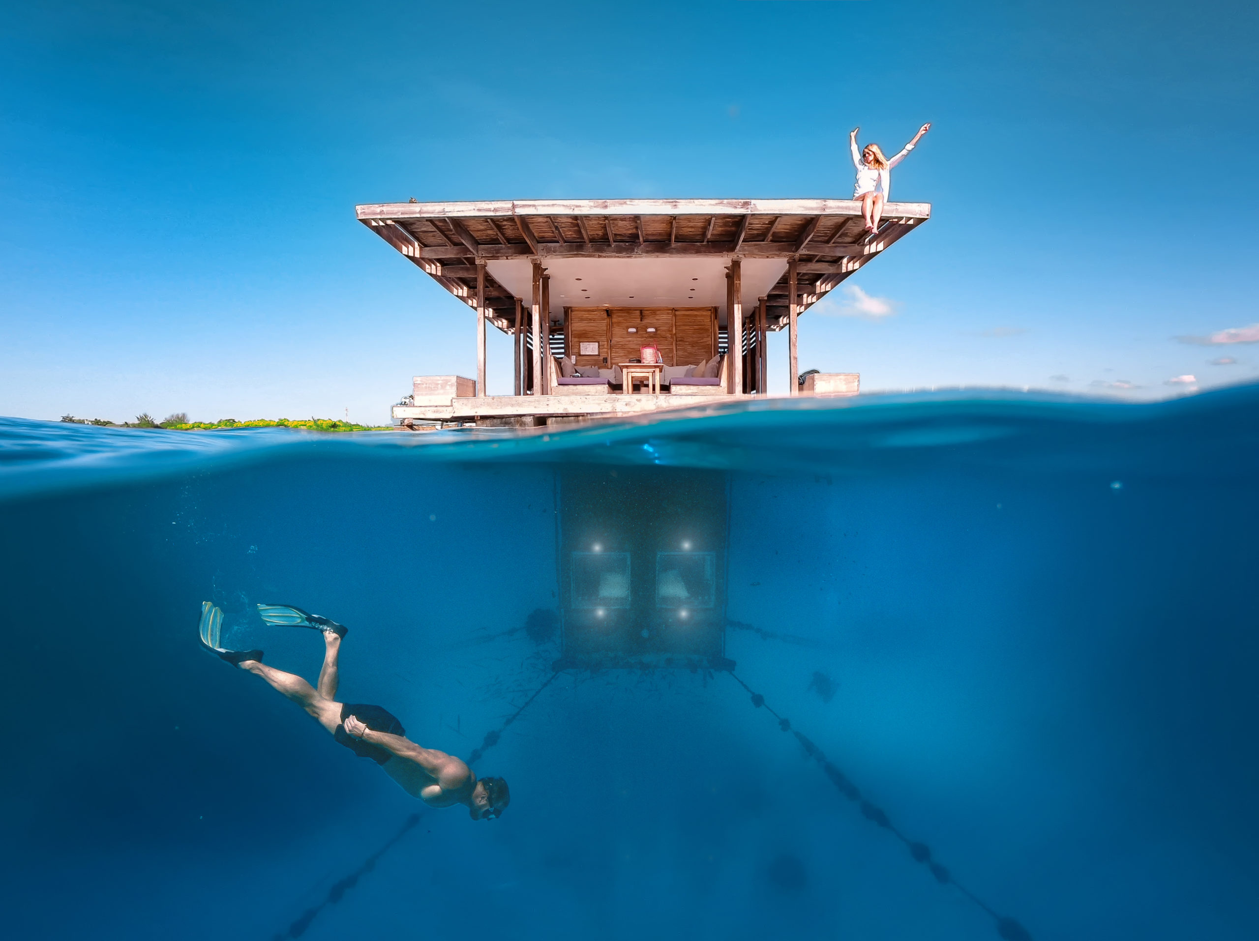 An underwater room at the Manta Resort