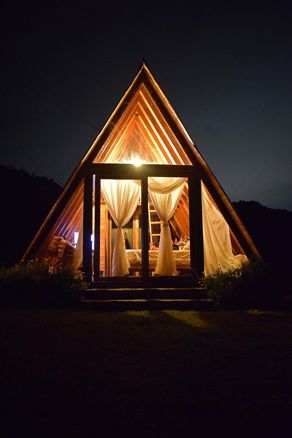 A cabin at night
